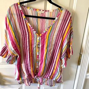 women’s striped button up short sleeve flare sleeves top